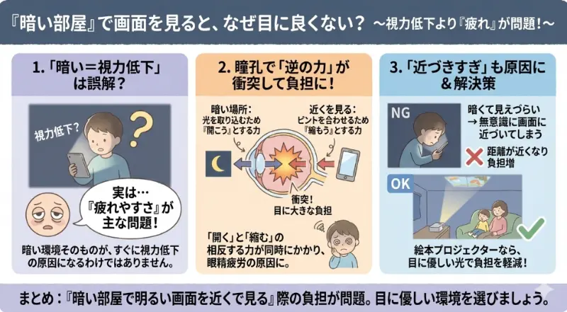 「暗い部屋」が問題になりやすいポイントは“視力低下”というより“疲れやすさ”解説図解